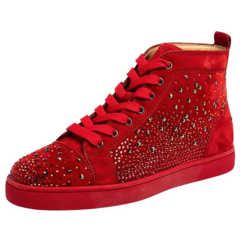 CHRISTIAN LOUBOUTIN Suede Galaxtitude High Top Sneakers Crystal Red Sz 42.5